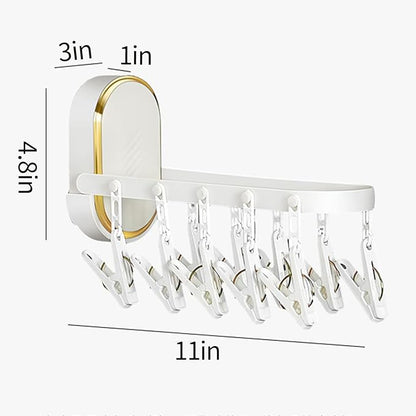 Wall-Mounted Foldable Laundry Rack with 11 Built-in Clips - Space-Saving Retractable Clothes Drying Organizer for Socks/Underwear, No Extra Hangers Needed, Collapsible Design for Bathroom/Balcony