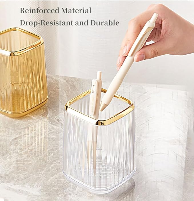 Acrylic Pen Holder, Cute Clear Gold Desk Organizer for Pencils, Makeup Brushes Toothbrushes with Striped Design for Vanity Bathroom Storage Cup