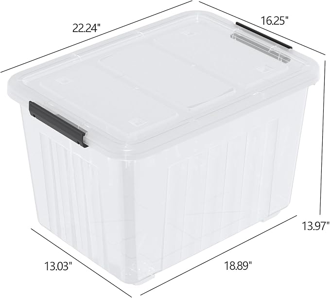 4 Packs Large 70 L Plastic Stackable Storage Bins with Wheels and Latching Lid, Clear Storage Container Tote