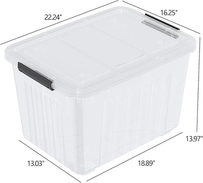 4 Packs Large 70 L Plastic Stackable Storage Bins with Wheels and Latching Lid, Clear Storage Container Tote