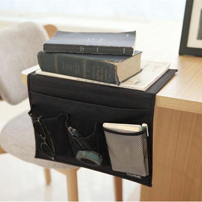 Meeall Bedside Caddy 4 Pockets Bedside Organizer Caddy Fit Tablet Magazine Phone Glasses, Under Mattress Remote Control Holder Storage Organizer, Black
