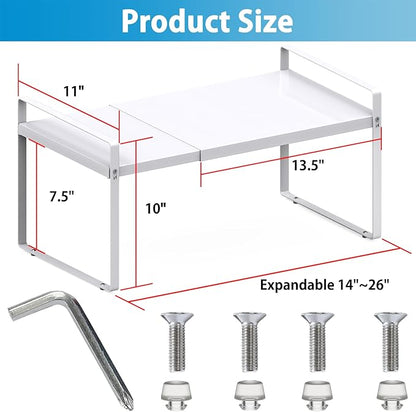 11'' Wide Expandable Cabinet Shelf Organizer Rack Adjustable Length 14''-26'' Pantry Shelf Spice Rack Heavy Duty Nonslip Kitchen Counter Storage Shelves Pantry Cupboard Under Sink Countertop, White