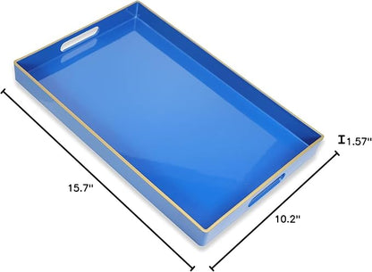 Blue Decorative Coffee Table Tray, Rectangular Plastic Serving Tray with Handles for Living Room, Ottoman, Bathroom, 15.7"*10.2"