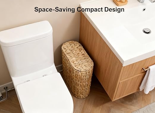 3 Gallon Wicker Trash Can with Lid and Liner,Small Bathroom Trash Cans,Woven Rattan Narrow Waste Basket for Bedroom,Home Office,Natural Water Hyacinth