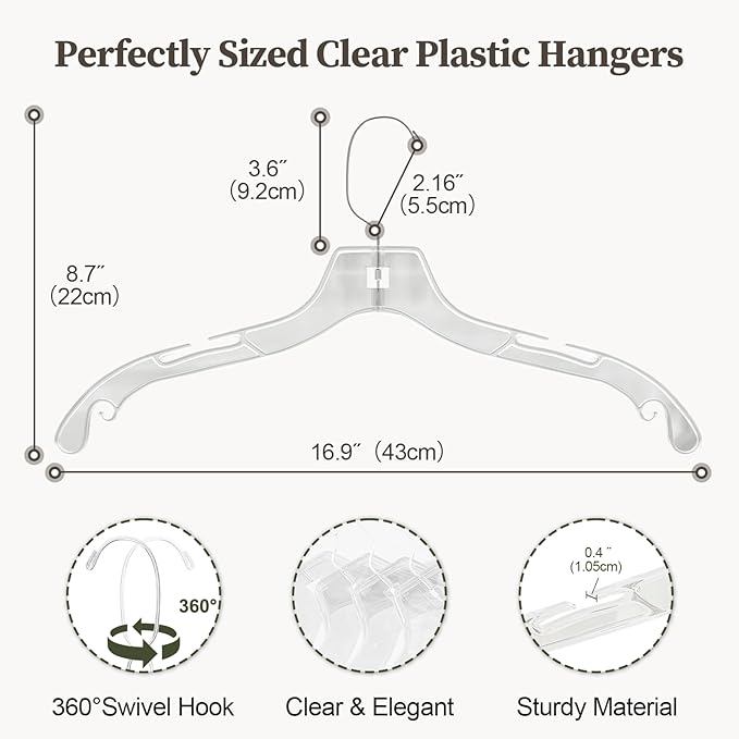 UEAKPIC Clear Plastic Hangers 50 Pack, Heavy Duty Clothes Hangers with 360° Swivel Hook, 2.1" Ultra-Wide Non-Slip Notches & Non-Slip Grips for Dresses, Shirts, Coats, Suits