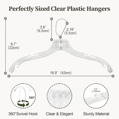 UEAKPIC Clear Plastic Hangers 50 Pack, Heavy Duty Clothes Hangers with 360° Swivel Hook, 2.1" Ultra-Wide Non-Slip Notches & Non-Slip Grips for Dresses, Shirts, Coats, Suits