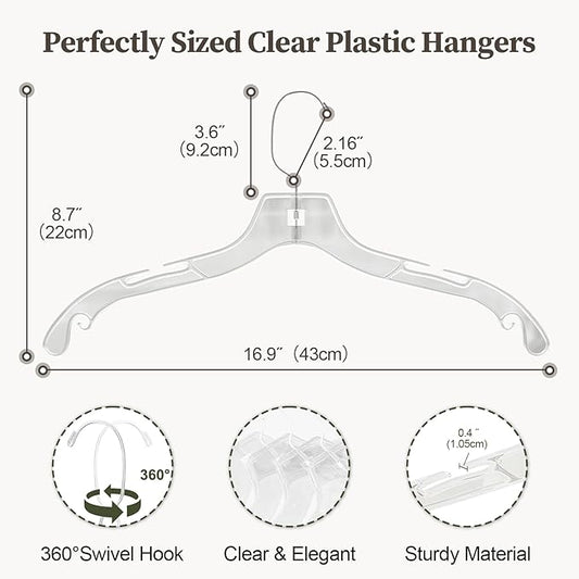 UEAKPIC Clear Plastic Hangers 50 Pack, Heavy Duty Clothes Hangers with 360° Swivel Hook, 2.1" Ultra-Wide Non-Slip Notches & Non-Slip Grips for Dresses, Shirts, Coats, Suits