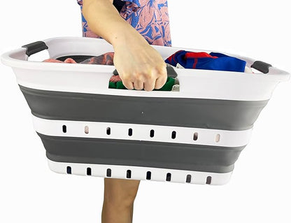 SAMMART 42L (11 gallons) Set of 2 Plastic Foldable Storage Basket/Container - Collapsible, Space Saving and Portable Laundry Hamper, Ideal for Home, Travel, Dorm, and Camping (2, White/Steel Grey)