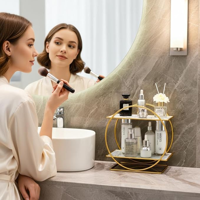 MLVOC Gold Makeup Organizer Countertop, Skincare Organizer with Gold Finish, Durable Metal Storage for Bathroom or Bedroom Vanity, Tall Spacious Design for Large Bottles