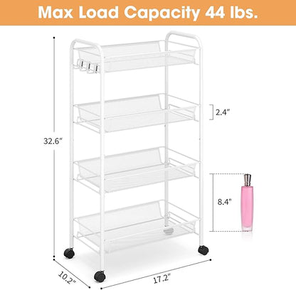 TOOLF 4-Tier Rolling Cart, Metal Utility Cart with 3 Hooks, Easy Assemble Mobile Storage Trolley On Wheels, Metal Shelving Units Kitchen Bathroom Laundry Room