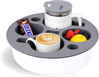Bonfixe Couch Cup Holder Tray Round, 4-Cups Bedside Drink Holder for Elderly/Pregnancy, Stable Non-Spill Silicone Couch Caddy for Remote Control, Glasses‌, Snacks, Phones‌ (White-Gray)