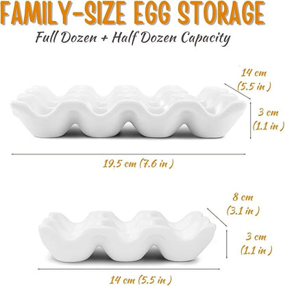 Flexzion 12 Cups Ceramic Egg Holder for Fridge - Dozen Ceramic Egg Tray Porcelain Container Storage Organizer Decorative Serving Stand Serveware for Refrigerator Countertop Display (White, 2 Pack)