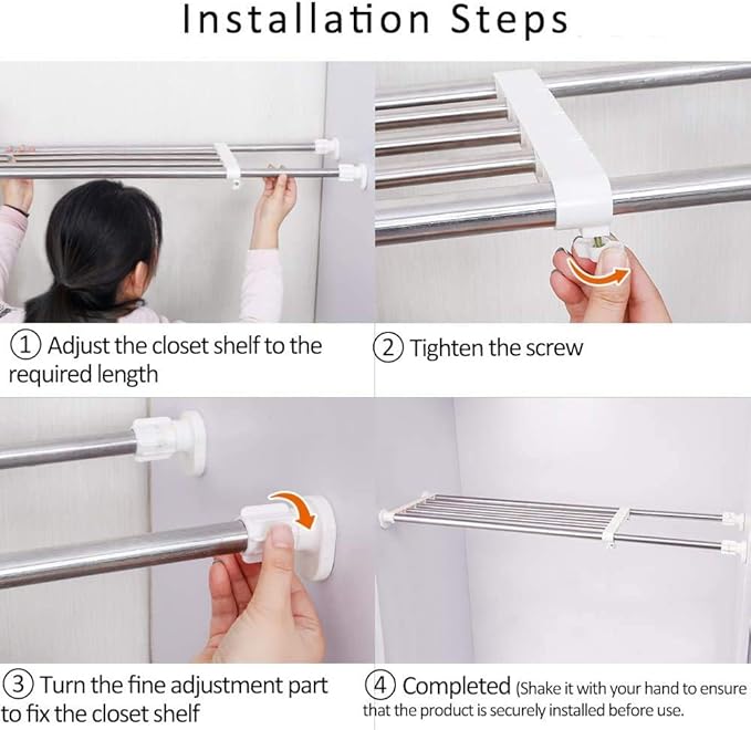 BAOYOUNI Expandable Closet Tension Shelf Storage Rack Heavy Duty Stainless Steel Adjustable Metal Organizer for Wardrobe, Cupboard, Kitchen, Bathroom Use, 19.68-31.49 Inch