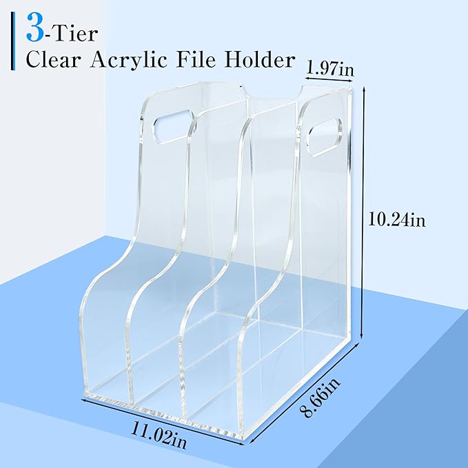 3-Tier Clear Acrylic File Holder, Vertical Document Organizer for Magazines, Binders, Notebooks & Envelopes - Multi-Purpose Desk Storage for Home Office（A4,3 Sections）