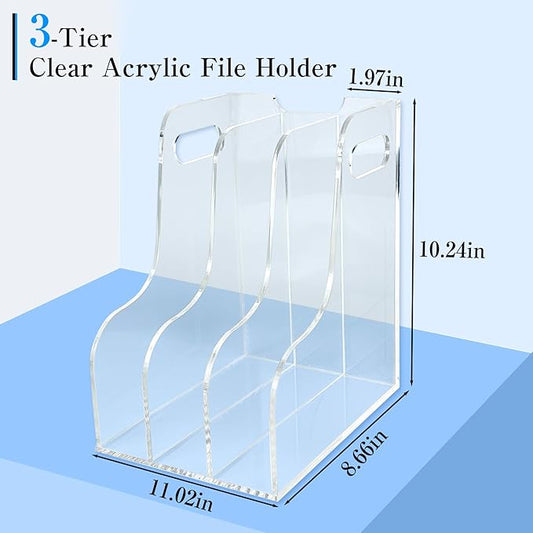 3-Tier Clear Acrylic File Holder, Vertical Document Organizer for Magazines, Binders, Notebooks & Envelopes - Multi-Purpose Desk Storage for Home Office（A4,3 Sections）