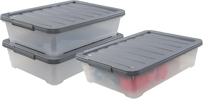 CadineUS 3-pack 40 Quarts Large Plastic Under Bed Boxes with Wheels, Shallow Storage Tote Bins