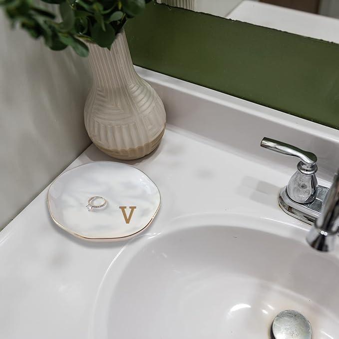 VINCOMIC Initials Ring Dish Jewery Tray with Personalized V-Monogrammed Gifts Wedding Engagement for Women Friends Sister,Ceramic White