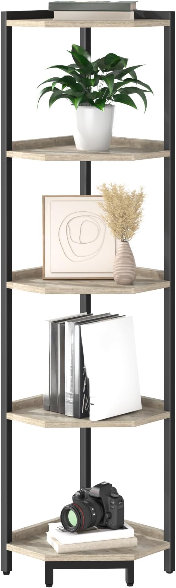 Corner Shelf Stand, Corner Bookshelf, Storage Standing Shelf Unit with Metal Frame, Plant Stand, Corner Bookcase for Living Room, Home Office, Bedroom, 5-Tier Greige CS05905B