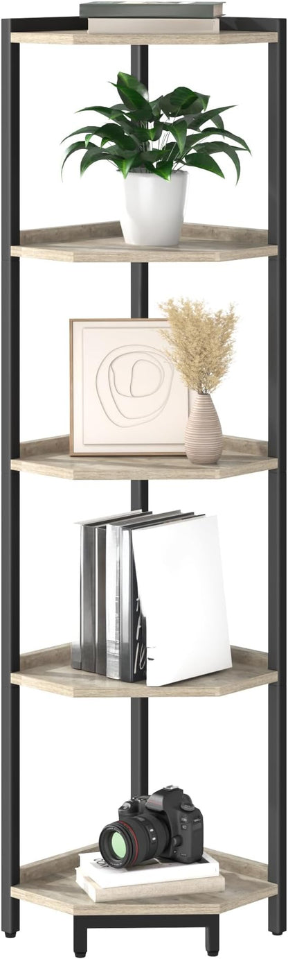 Corner Shelf Stand, Corner Bookshelf, Storage Standing Shelf Unit with Metal Frame, Plant Stand, Corner Bookcase for Living Room, Home Office, Bedroom, 5-Tier Greige CS05905B