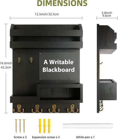 Large Key and Mail Holder Wall Mount, 12.5x16.5 Inch Solid Wood Key Racks for Entryway, Front Door, Hallway, Wall Organizer (Matte Black)