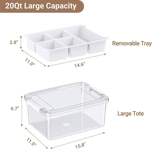 HOMETUK 20Qt Plastic Storage Bin with Lid, Clear Latching Organizer Box with Removable Tray, Portable Storage Container, for Holiday Ornaments, Home Organization, 1Pack