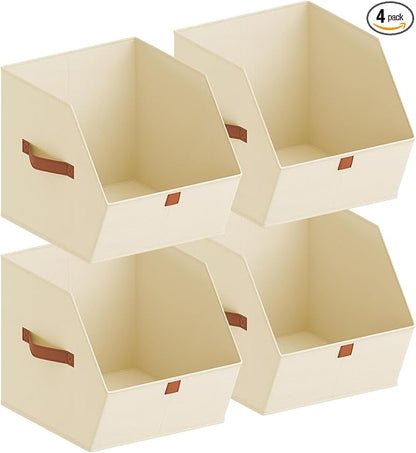 Fabric Closet Storage Cubes - 4 Pack Square Storage Bins with Dual Handles for Clothes, Towels, Toys, Cube Storage Organizers for Bedroom, Nursery, Shelves, Closet, Small Spaces, Beige