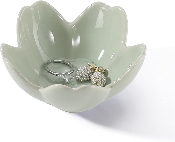YZMICSTAR Flower Ring Dish Holder,Jewelry Dish Tray,Small Trinket Tray,Jewelry Plate Bowl,Key Bowl,Decorative Plate,Birtdhay Christmas Gifts for Women Friends,Ceramic Kiln effect Green