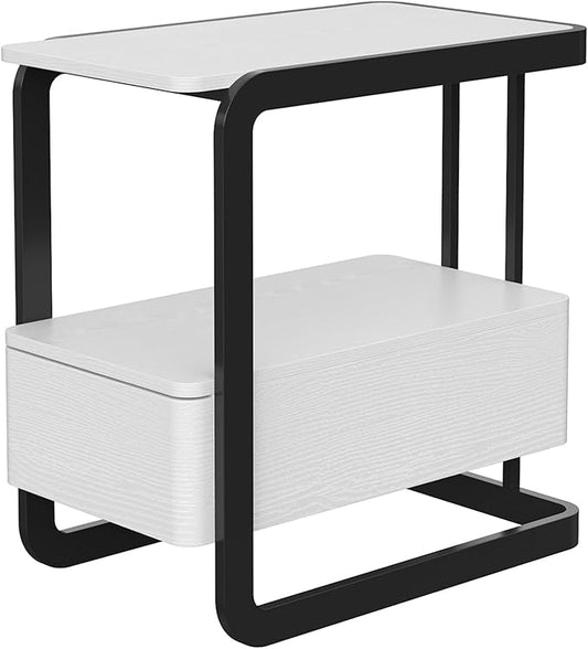Narrow Side Table, End Table with Drawer& Storage Shelves, Modern Sofa Couch Table Curved Bedside Table for Living Room Bedroom, Narrow Nightstand with Thickening Iron Shelves for Small Space, White