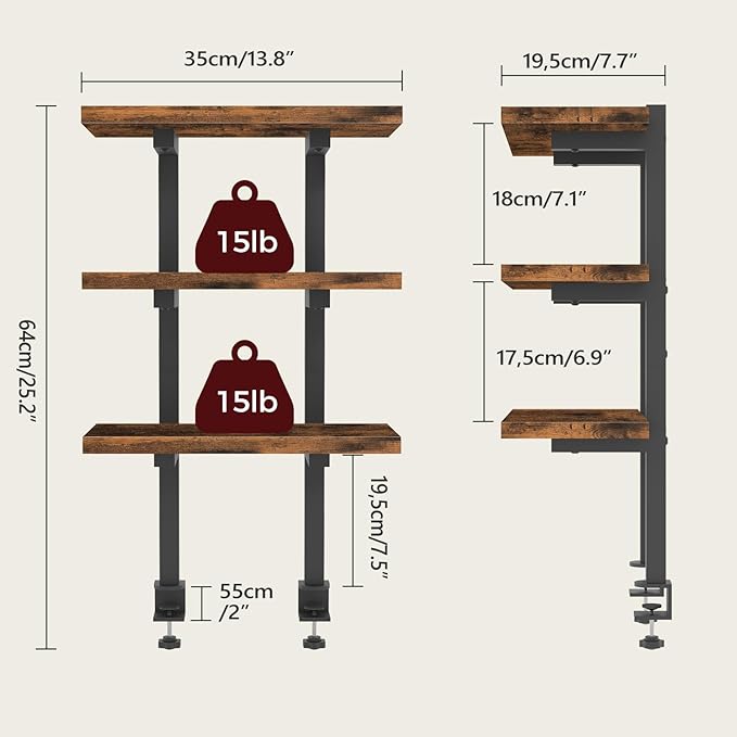 Clamp On Desk Organizer, 3-Tier Desktop Bookshelf, Adjustable Desk Storage Shelf, Metal Frame, for Office, Study and Game Room, Rustic Brown DSHR3601