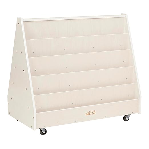 ECR4Kids Double-Sided Wooden Mobile Book Display and Storage, Montessori Furniture, White Wash