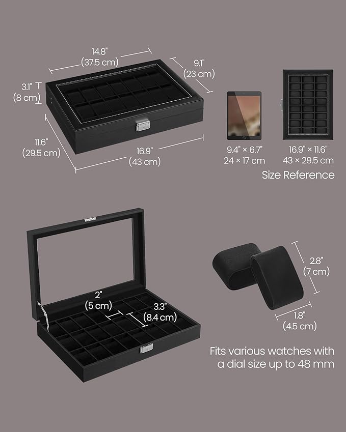 SONGMICS 24-Slot Watch Box, Lockable Watch Storage Case with Glass Lid, Gift Idea, Ink Black Synthetic Leather, Ink Black Lining UJWB024B02