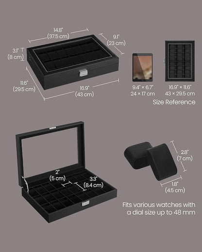 SONGMICS 24-Slot Watch Box, Lockable Watch Storage Case with Glass Lid, Gift Idea, Ink Black Synthetic Leather, Ink Black Lining UJWB024B02