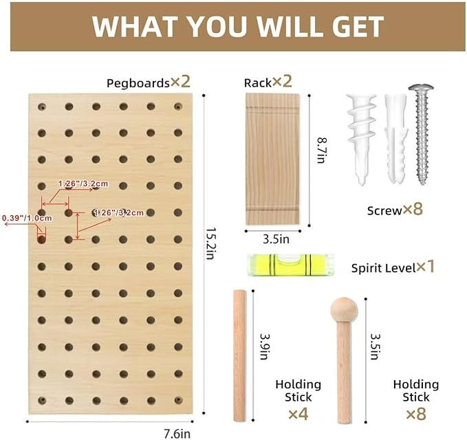 Pegboard Organization Set 2-Pack Beige Wooden Pegboards with Shelves & Hooks | Creative Display & Storage Solution for Home, Office, Bathroom