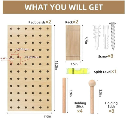 Pegboard Organization Set 2-Pack Beige Wooden Pegboards with Shelves & Hooks | Creative Display & Storage Solution for Home, Office, Bathroom
