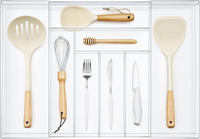 1 Pack Expandable Kitchen Drawer Organizer Clear Acrylic Utensil Organizer Adjustable Acrylic Silverware Storage for Drawers Silverware Flatware Knives (12 x 16 Inches,6-8 Compartments)