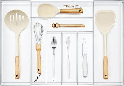 1 Pack Expandable Kitchen Drawer Organizer Clear Acrylic Utensil Organizer Adjustable Acrylic Silverware Storage for Drawers Silverware Flatware Knives (12 x 16 Inches,6-8 Compartments)