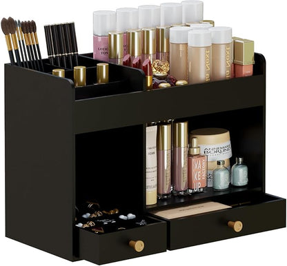LONTAI Bamboo Makeup Organizer with Drawers, Cosmetic Storage for Lipstick Organizer Beauty Holder Skincare Organizer for Dresser Vanity Bathroom Countertop, No Assembly Required (Black)