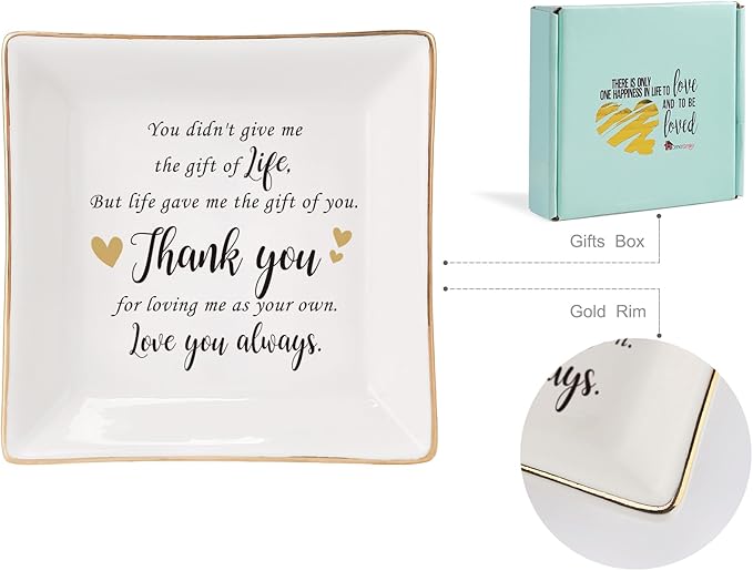 HOME SMILE Bonus Mom Gifts Mother's Day,Step Mom Ceramic Ring Jewelry Dish Tray Plate for Birthday Christmas-You Didn't Give Me Life but Life Gave Me You,Thank You for Loving Me As Your Own