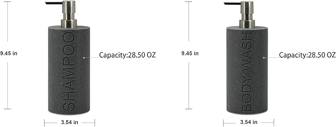 Indecor Home Resin 2 Pack Shampoo, Conditioner or Body Wash Dispenser Set, Luxurious Refillable Pump Bottles with Matte Pump Top and Embossed Text, Durable Design for Bathroom and Shower