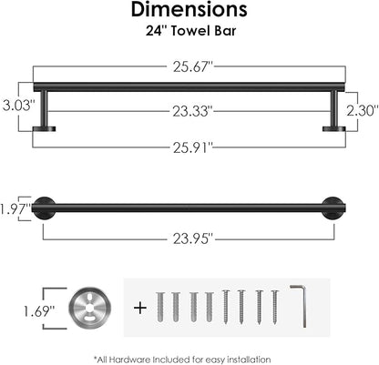 FORIOUS Black Towel Bar for Bathroom Wall, 24 Inch Stainless Steel Towel Racks for Bathroom, Includes Wall Mounting Hardware (Matte Black,Total Length 26-Inch), 2 Pack