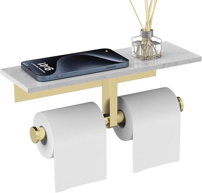 Marble Toilet Paper Holder with Shelf,Doulble Bathroom Tissue Roll Holder,304 Stainless Steel Toilet Paper Holder Wall Mounted,Modern Tissue Holder for Bathroom Washroom,Brushed Gold