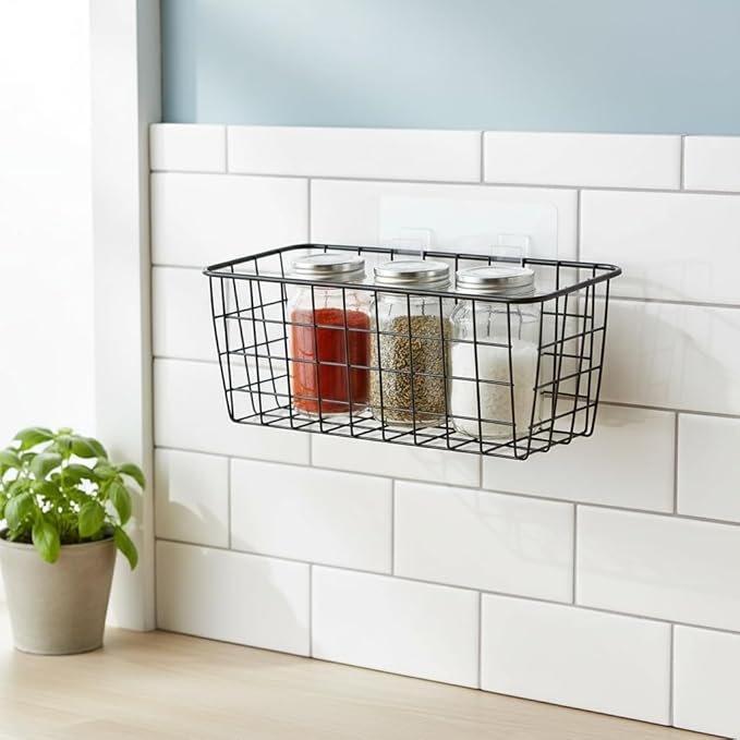 Black Hanging Wall Baskets,Adhesive Wire Wall Storage Baskets for Pantry and organizer, Kitchen onion Food photo Bathroom,inside cabinet organizing,No Drilling Wall Mounted Basket,2 Pack
