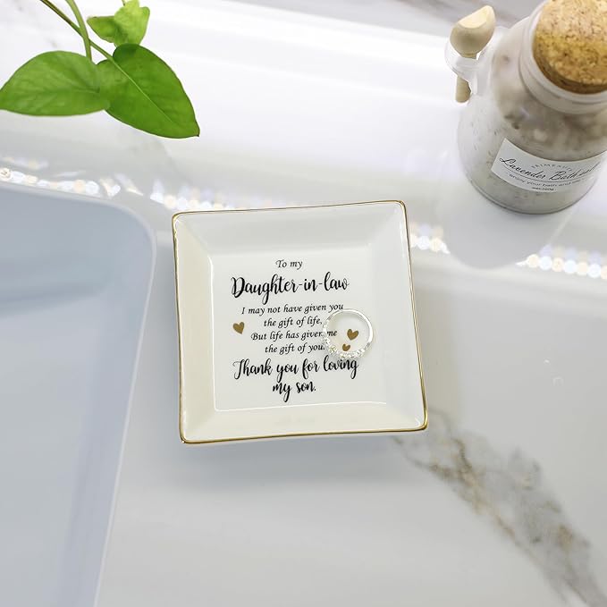 HOME SMILE Mother's Day Gifts for Daughter in Law Ceramic Ring Jewelry Dish Tray Plate for Birthday Christmas Valentines Wedding-Thank You for Loving My Son