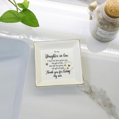 HOME SMILE Mother's Day Gifts for Daughter in Law Ceramic Ring Jewelry Dish Tray Plate for Birthday Christmas Valentines Wedding-Thank You for Loving My Son