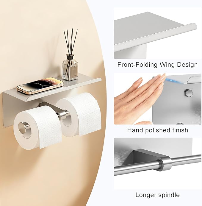 4 Pack Double Toilet Paper Holder with Shelf, Wall Mount Tissue Roll Holder, Heavy Duty 304 Stainless Steel Commercial Toilet Paper Dispenser with Phone Shelf for Home, Hotel, Office, Restaurant