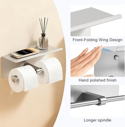 4 Pack Double Toilet Paper Holder with Shelf, Wall Mount Tissue Roll Holder, Heavy Duty 304 Stainless Steel Commercial Toilet Paper Dispenser with Phone Shelf for Home, Hotel, Office, Restaurant