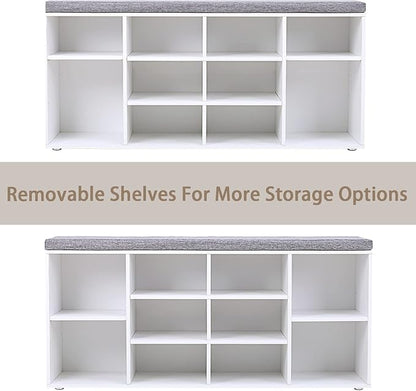 DINZI LVJ Shoe Storage Bench with Cushion, Cubby Shoe Rack with 12 Cubbies, Adjustable Shelves, Multifunctional Shoe Organizer Bench for Entryway, Mudroom, Hallway, Closet and Garage, White