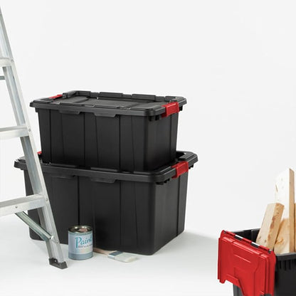 Sterilite 4-Pack Industrial Tote, Plastic Storage Bins with Lids, 27 Gallon, Black - Heavy-Duty Organizing Containers for Closet, Bathroom, and Office