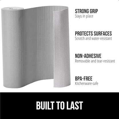 GORILLA GRIP DripGuard Shelf Liner, Non Adhesive Drawer and Kitchen Cabinet Protector, Slip Resistant BPA Free Smooth Surface Plastic Liners for Cabinets, Bathrooms, Closets, 12x120 Inch, Light Gray