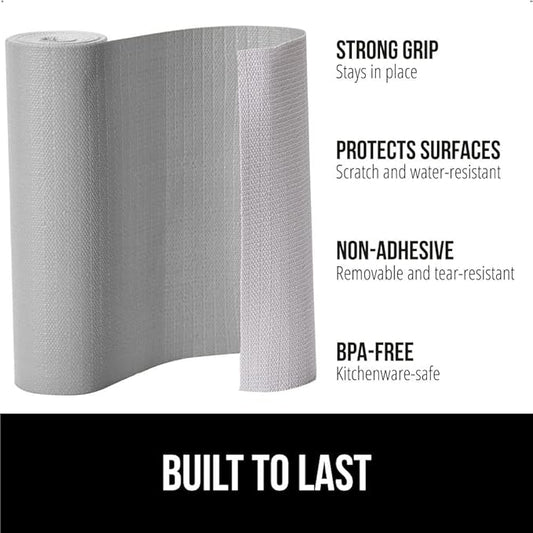 GORILLA GRIP DripGuard Shelf Liner, Non Adhesive Drawer and Kitchen Cabinet Protector, 20x240 Inch, Slip Resistant BPA Free Smooth Surface Plastic Liners for Cabinets, Bathrooms, Closets, Light Gray